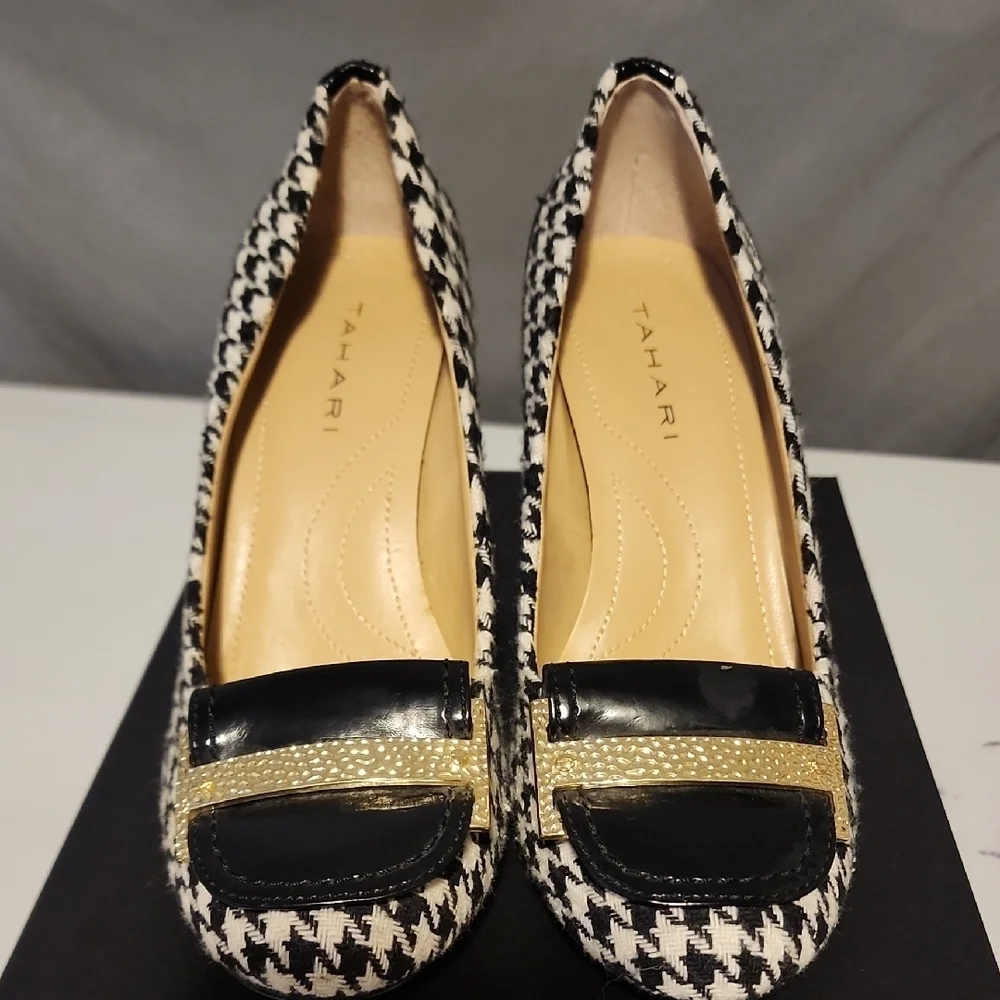 Tahari Black and White Flats with Chain Trim